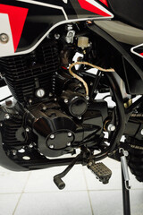 Obraz premium Detailed view of the motorcycle engine with chrome exhaust pipe.