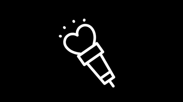Simple white line art icon of a heart-shaped microphone with sparkles on a black background