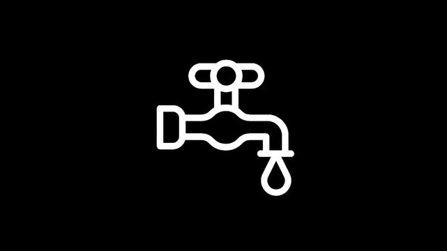 Simple white line icon of a dripping faucet on a black background