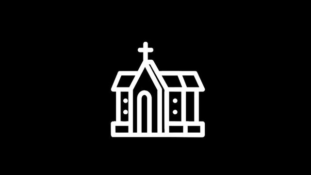 Simple white line icon of a church with a cross on a black background