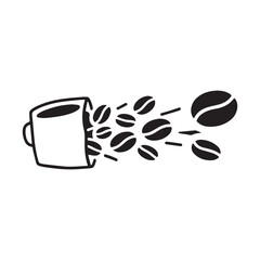 Obraz premium Dynamic Minimalist Illustration of Roasted Coffee Beans Flying Into a Ceramic Cup.