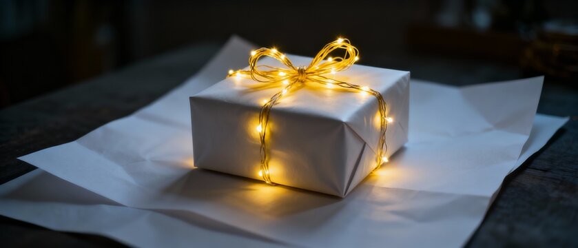 Gift box wrapped with string lights on festive background  