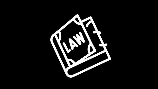 Stylized white line art icon of an open book with the word LAW on its pages against a black background