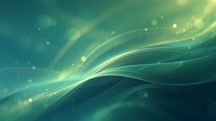 緑の光の曲線とキラキラした粒子の抽象的な背景素材