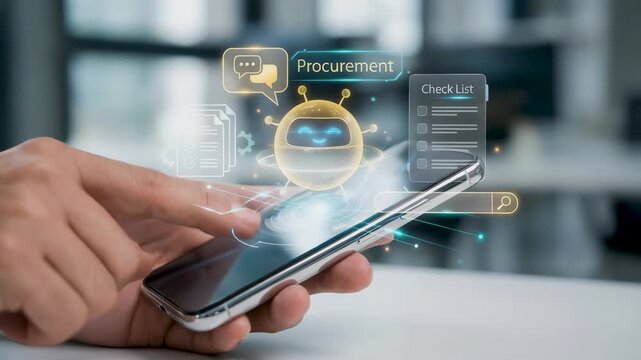 Digital procurement interface invoice, document, checklist and workflow icon, AI robot assistant hovering mobile device, representing automation, sourcing and smart business process.