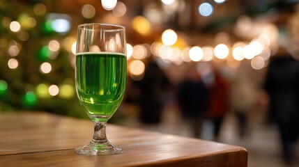 Green cocktail in tall glass on wooden bar counter with blurred lights background, ideal for nightlife, party, and beverage advertising concepts.
