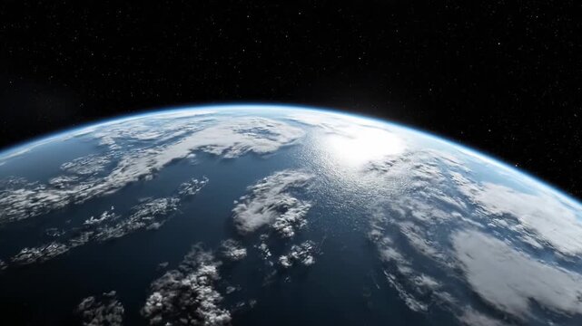 Stunning Curved Earth in Space with Sunlit Clouds, Deep Oceans, and Contrasting Black Cosmic Backdrop