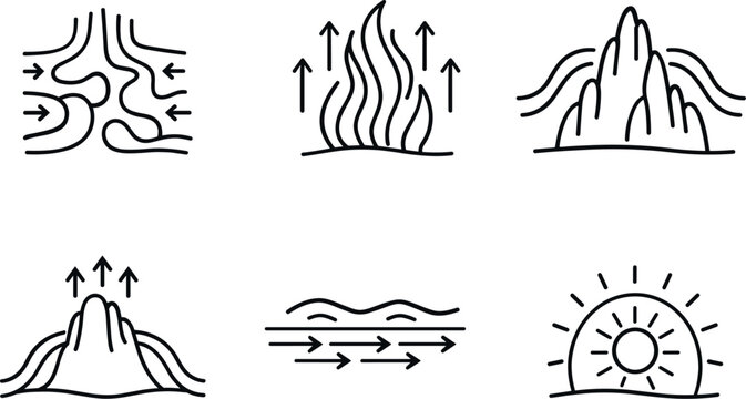 Line vector icons of cooling system mimicking termite mound thermoregulation (bio-inspired airflow): cooling channel, warm plume,