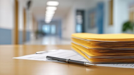 Office desk with stacked yellow files and pen in modern hallway  