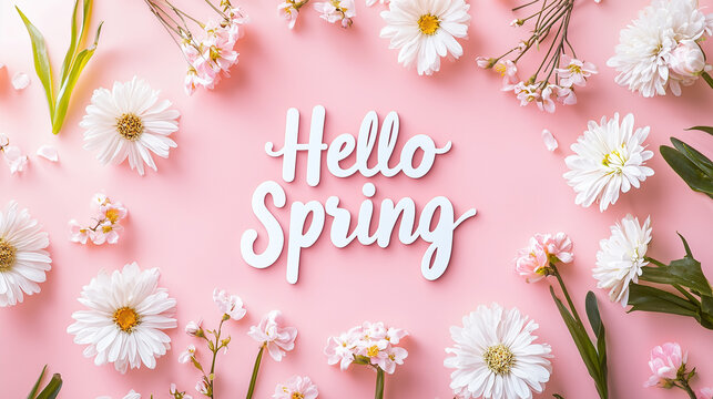 Hello Spring lettering on soft pink background with white daisies and delicate blossoms. Pastel floral flat lay with copy space for seasonal greeting, banner or social media design.