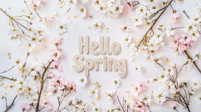 Hello Spring text among white blooming branches on light background. Elegant minimal floral greeting card with soft natural tones and copy space.