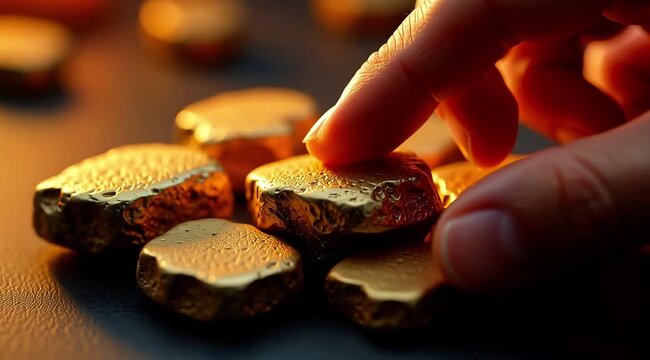 Gold nuggets scattered on a dark surface, reflecting light