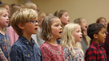 Children Singing Together in Church Hall During Choir Performance with Joyful Expressions and Enthusiastic Voices