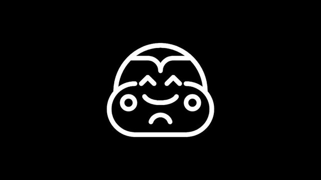 Cute cartoon character with a mixed expression of joy and sadness, white outline on black