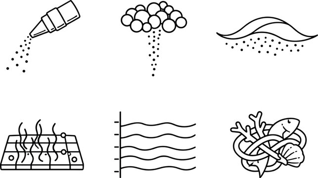 Ocean Iron Addition Icons. Line style icons of ocean iron-addition concepts: particulate release tip, sinking-iron bead set,