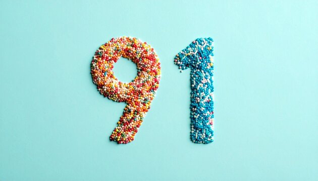 Number 91 made with candy sprinkles and nonpareils on solid background. Photo for birthday or anniversary party