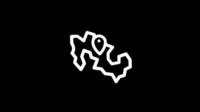 Simple outline map icon with a location pin marker on a black background