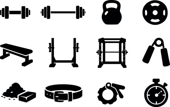 Solid vector icons of strength training: dumbbell, barbell, kettlebell, weightplate, bench, squatRack, powercage, grip, chalk,