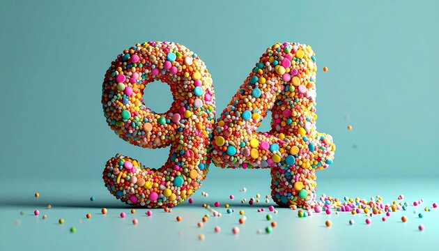 Number 94 made with candy sprinkles and nonpareils on solid background. Photo for birthday or anniversary party