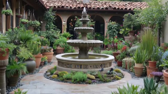 Tranquil Fountain in Garden: A beautifully crafted tiered fountain graces a lush garden setting, its gentle waters providing a soothing ambiance among vibrant plant life.