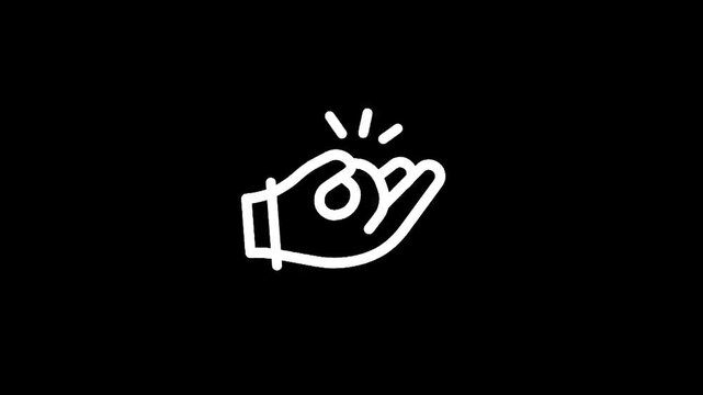 Simple white line icon of a hand making a snapping gesture on a black background