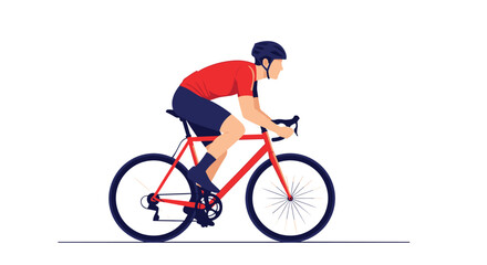 Fototapeta premium An athletic male cyclist in a red jersey and blue shorts rides a modern road bike, demonstrating a healthy and active lifestyle.