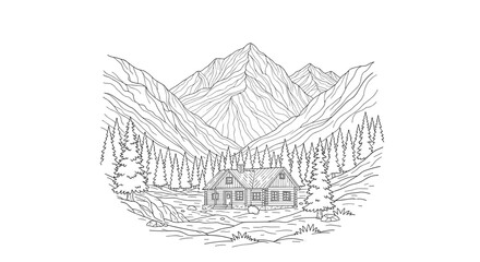 Fototapeta premium Line art illustration of a cozy cabin nestled among dense pine trees, set against a dramatic backdrop of towering mountains and valleys.