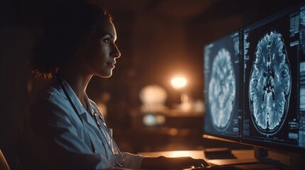Obraz premium Medical Professional Analyzing MRI Scan Images on Large Monitors in a Dark Room Environment