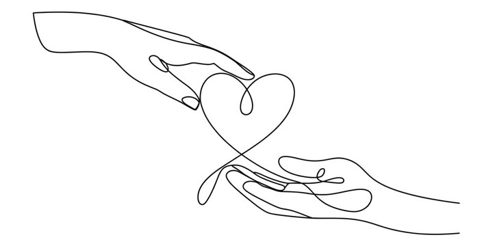 One line drawing of two hands reaching out to form a heart symbol of love and connection Vector, illustration