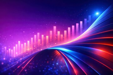 Vibrant digital graph with rising bars and neon light trails on a purple and blue gradient background with sparkles JPG image