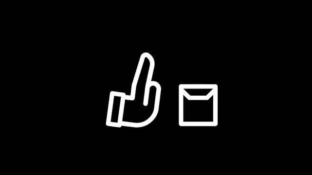 Hand gesture prohibition symbol next to a square envelope icon on black background