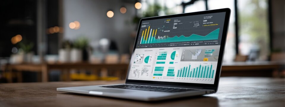 Modern Laptop Displaying Performance Report on Marketing Metrics in a Contemporary Workspace Environment