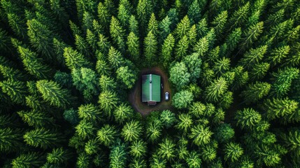 Aerial View of Cabin in Forest Clearing.