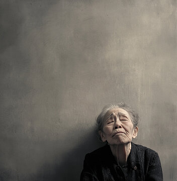 Emotional portrait of a distressed elderly woman sitting against a wall, social isolation and loneliness concept, generative AI illustration.