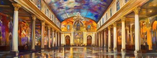 Ornate Interior with Columns and Paintings.