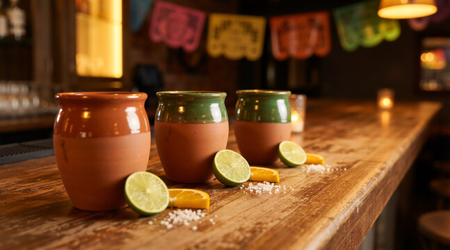 Traditional Mexican clay mugs with tequila cocktails on a wooden bar counter. Cantaritos drink with lime and salt for Cinco de Mayo fiesta