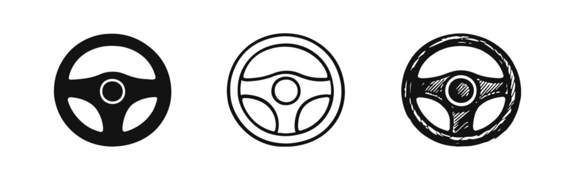 Steering Wheel Icons Set: Modern Car Control, Outline, and Hand-Drawn Design Elements
