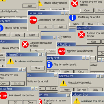 Multiple retro computer error message windows overlapping and filling the frame. Concept of system failure, software malfunction, digital chaos and repeated alerts in vintage interface style.