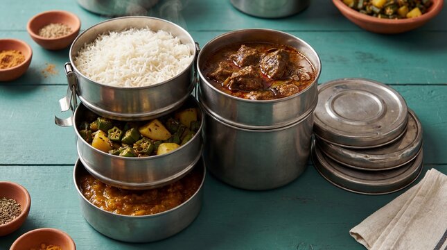 Stainless steel tiffin carrier filled with hot Indian lunch. Stacked dabba with rice, meat curry, dal, and vegetables on teal wood
