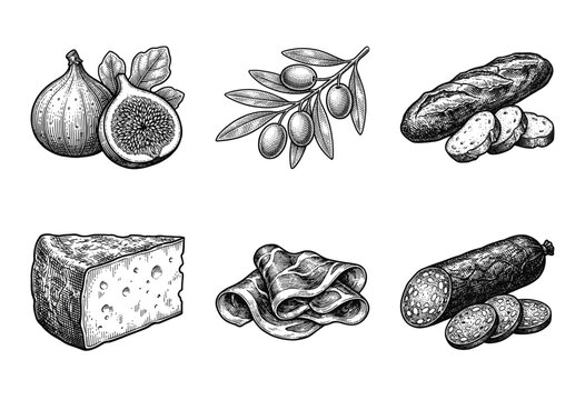 Vintage woodcut illustration set of charcuterie board elements including figs, olives, baguette, cheese, prosciutto, and salami in hand-drawn engraving style.