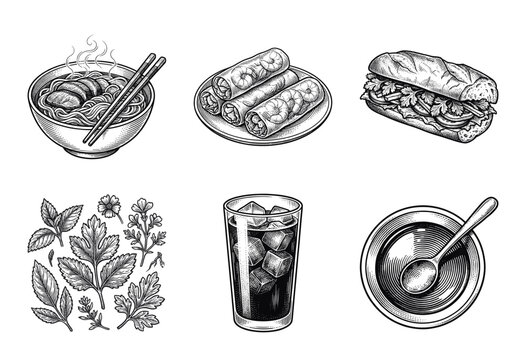 Vietnamese cuisine set featuring detailed hand drawn engravings of pho noodles, summer rolls, banh mi sandwich, iced coffee, and fresh herbs in a classic line art style.