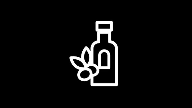 Simple white line art icon of an olive oil bottle with olives and leaves on a black background