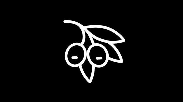 Minimalist white line art icon of two olives on a branch with leaves against a black background