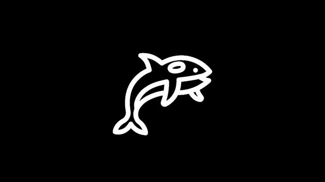 Simple white line drawing of a leaping orca whale on a black background