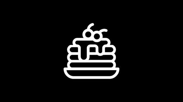 Simple white line icon of stacked pancakes with syrup and cherries on a black background