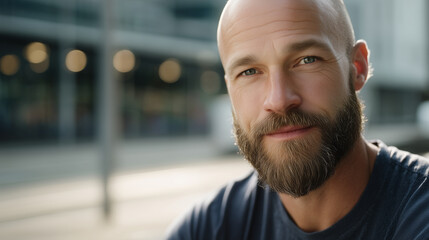 Fototapeta premium Ultra-realistic close-up portrait of a man with a well-groomed beard without a mustache(No hair above the lips.), showcasing detailed skin texture and beard hair. The man has a con
