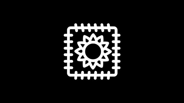 White line art icon of a sun inside a square with rounded corners and pins on a black background