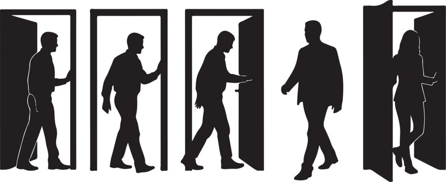 Silhouettes of business people walking through doors in sequence