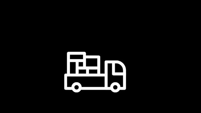 Simple white line art icon of a delivery truck loaded with boxes on a black background