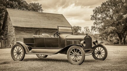 Vintage Car Parked Outside Old Barn House.